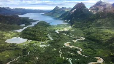 An aerial photo shows waters flowing into the pristine Bristol Bay