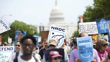 A group of protestors with a sign reading NRDC featured prominently in the middle