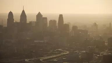 Air pollution obscures downtown Philadelphia, Pennsylvania.