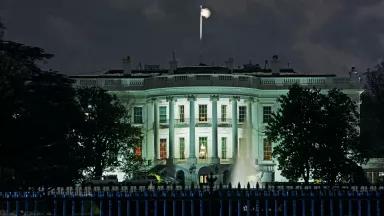 The facade of the South Portico of the White House in Washington, DC.