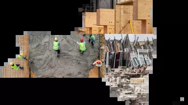 A graphic of construction images in a silhouette of New York state