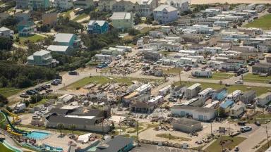 Damaged and destroyed mobile homes in Raleigh, North Carolina, on September 7, 2019, a day after Hurricane Dorian swept along the state's coast.