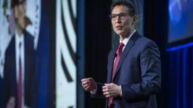 Nuclear Regulatory Commission (NRC) Chairman Ho K. Nieh on stage at the 38th annual Regulatory Information Conference in North Bethesda, Maryland, in March 2026.