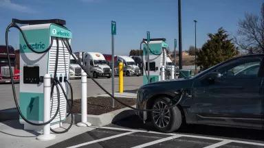 EV charging stations at a rest stop on the Pennsylvania Turnpike in Somerset County, Pennsylvania, on March 22, 2026.