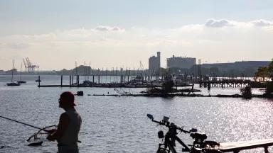 Community member Don Gray fishing in the Delaware River from Governor Printz Park in Essington, Pennsylvania, on August 11, 2025. 

Eddystone Generating Station is visible on the opposite shore.