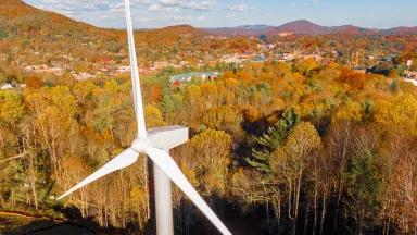 Wind turbines on the Appalachian State University (ASU) campus in the Blue Ridge Mountains near Boone, North Carolina.