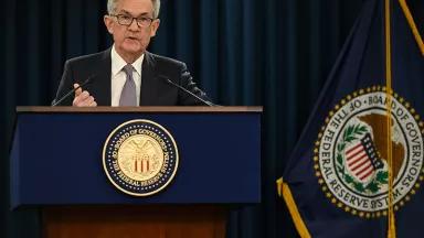 Photo of FOMC Chair Powell as he answers a reporter's question at the January 29, 2020 press conference
