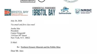 Bristol Bay Letter to Cantor Fitzgerald