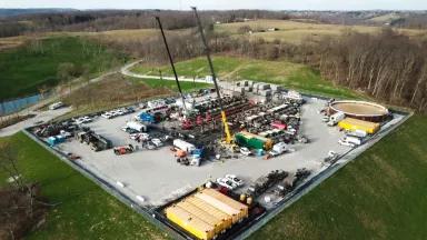 An aerial view of frack pad site in Jefferson County, Ohio, in November 2020.