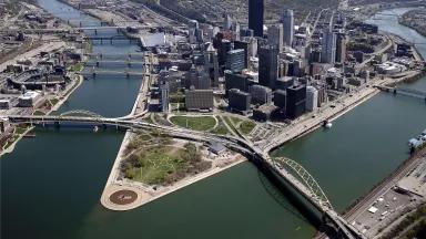 Downtown Pittsburgh surrounded by the Ohio River