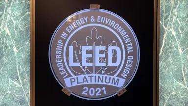 LEED v4.1 Platinum Certification seal in the lobby at 111 Sutter Street