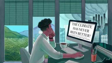 An illustration depicts a person sitting at a computer at a desk and words on the monitor read "The climate has never been better!"