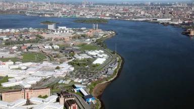 Aerial view of the Rikers Island jail complex, located in the East River between Queens and the Bronx in New York City