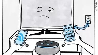 An illustration showing a smart TV on standby with a person holding a remote control and a cell phone