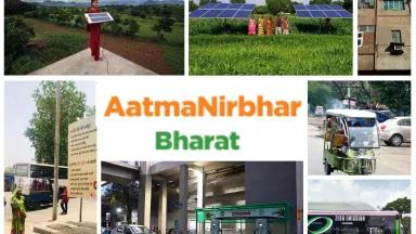 Collage that says Atmanirbhar Bharat and has photos of solar panels, electric buses, and other renewable energy opportunities to increase energy security